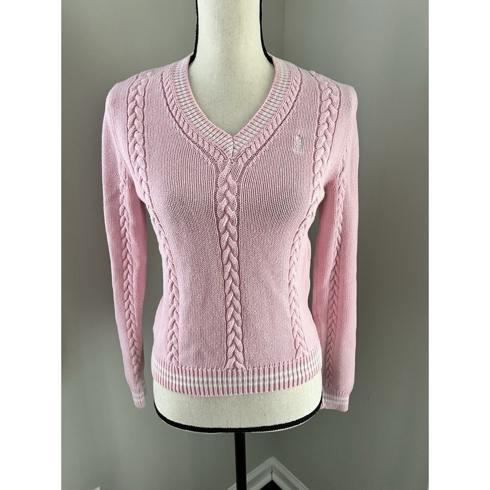 IZOD Vintage Pink Cable Knit Golf Sweater 100% Cotton Women’s Size XS EUC